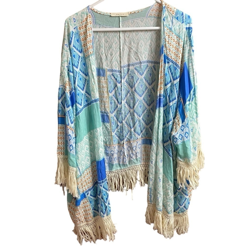 Entro Patchwork Print Coastal Boho Fringe Open Front Poncho Kimono Size Large